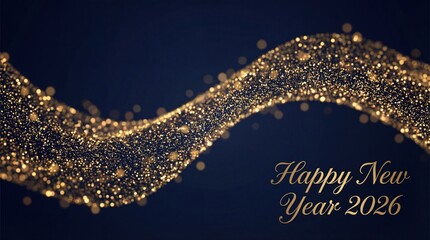 Golden Shimmering Particle Wave on Dark Blue Background with 'Happy New Year 2026' Text