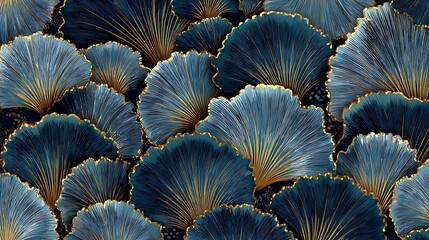 Artistic depiction of fan-like, gold-edged blue shapes on a dark speckled background