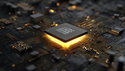 Glowing central processor unit on a complex circuit board with intricate details and golden accents