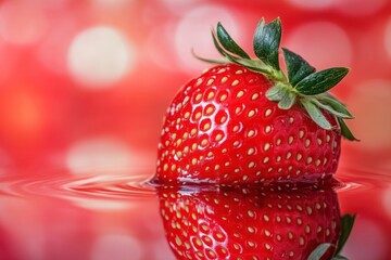 A vibrant red strawberry with a green stem and leaves, sitting on a reflective surface with a blurred background of red and white bokeh lights.