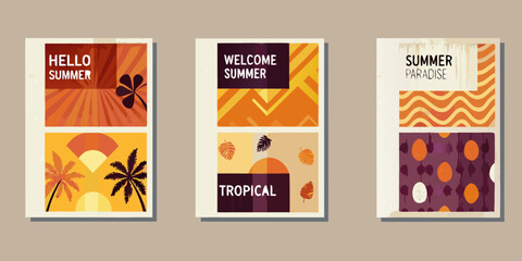 A vibrant collection of three summer themed posters with floral and tropical elements © Partha