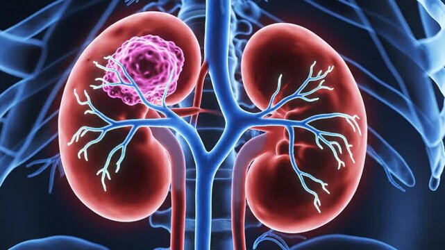 Kidney Tumor Growth Animation Medical Visualization Displaying the Affected Area with Skeletal System in 3D Rendering