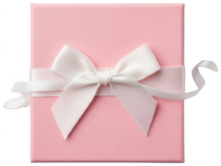 Square pink gift box with white ribbon knot and curly ends