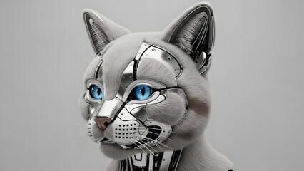 Close-up detail of a futuristic robot cat head with intricate mechanical parts and blue eyes.