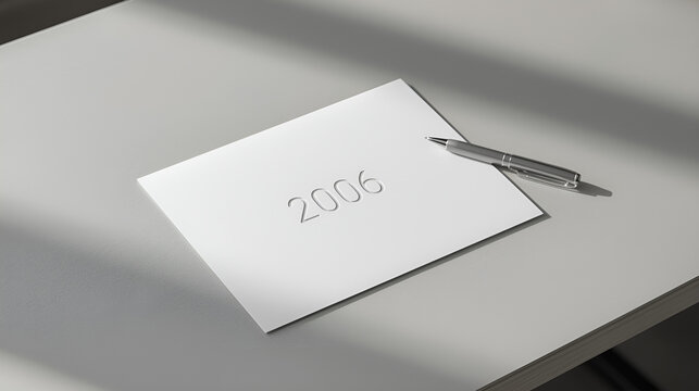 Minimalist editorial illustration of a blank paper engraved with the year &lsquo;2006&rsquo; and a pen on a modern desk, symbolizing reflection, new beginnings, goals, memories, time passing, and future intention