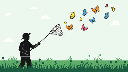 Person releasing colorful butterflies into a serene green landscape from a standing position with a net