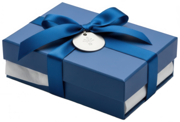 Elegant blue gift box tied with blue satin ribbon and silver circular tag isolated on transparent checkered background
