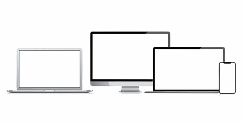Various screen devices including a laptop monitor tablet and smartphone displayed