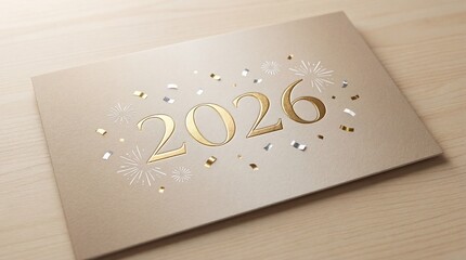 Luxurious 2026 New Year Card with Golden Numerals and Confetti on Wood Background