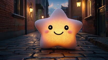 A plush, smiling star glows on cobblestone street, framed by brick buildings and warm lights