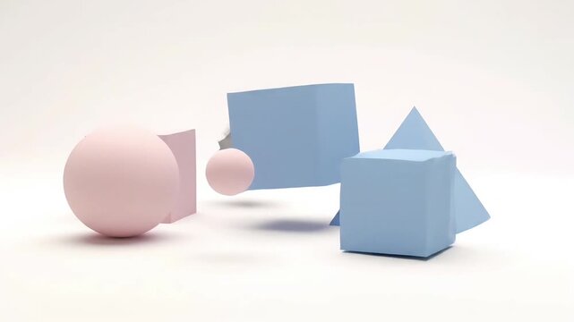 Abstract 3D geometric shapes in pastel colors on a white background, minimalist composition.