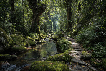 Fototapeta premium Green forest stream with mossy rocks and stone path, sunlight filtering through dense tropical trees creating peaceful and refreshing natural atmosphere