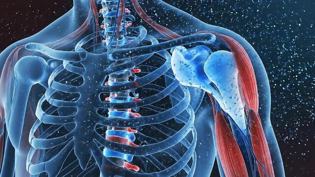 Medical Animation of a Human Skeleton Showing Anatomy and Muscular Structure with Red and Blue Coloring on a Dark