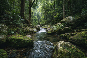 Green tropical forest with stream running through mossy rocks and lush vegetation, creating peaceful and refreshing natural landscape full of vibrant life and tranquility