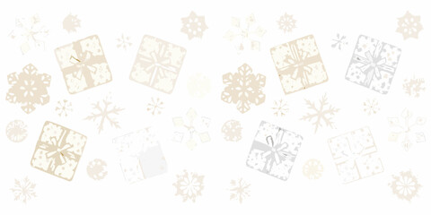 A festive background featuring gift boxes and delicate snowflakes in light tones