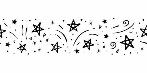 Black and white doodle of stars swirls and small dots on a white background