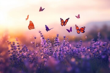 A vibrant field of purple flowers under a warm sunset sky, with butterflies fluttering around the blooms.
