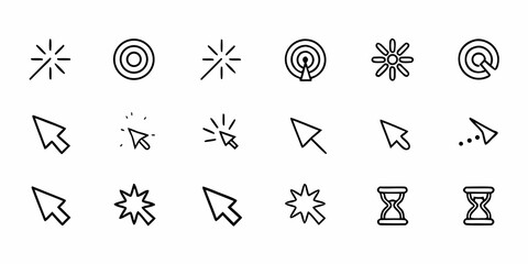 A collection of minimalistic line icons arrows stars and circular shapes