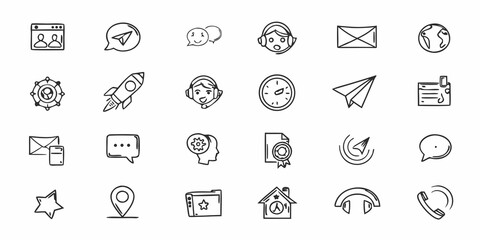 Collection of hand drawn line icons depicting various communication and technology concepts
