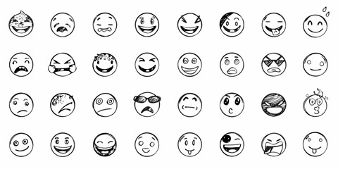 A collection of hand drawn black and white face sketches expressing various emotions