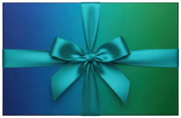 Top view of a gift box with a teal ribbon and bow on a blue and green background