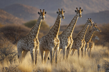 Fototapeta premium Group of giraffe standing together in dry savanna grassland with mountain background during golden hour light, showing tall wild animals in natural habitat with calm atmosphere