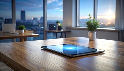A tablet emitting subtle interface light on a wooden desk surface. Minimal technology presence integrated into a modern workspace.
