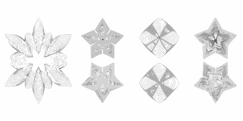 Detailed grayscale illustrations of various geometric and star shaped designs
