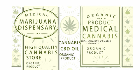 Medical marijuana dispensary signage with organic cannabis and cbd oil product labels