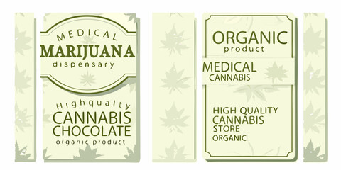 Medical marijuana dispensary labels with cannabis leaf designs and organic product text
