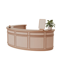 Light beige reception desk with paneling and a plant on isolated on a transparent background