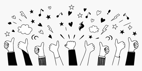 Celebrating success with thumbs up hands and festive black and white elements