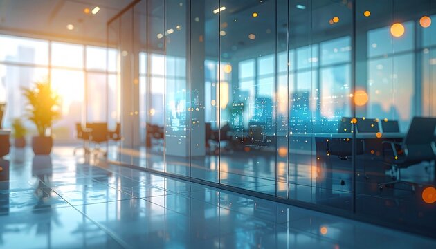 Abstract UI light reflections appearing on a glass office partition. Modern business technology expressed through environment and light.
