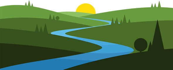 Serene River Winding Through Lush Green Rolling Hills Under a Bright Yellow Sun