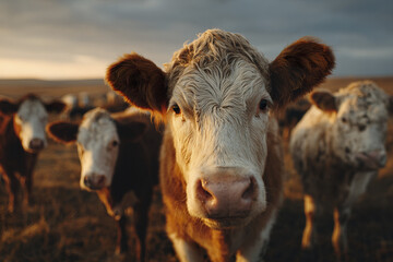 Close up of curious cow with white face and brown ears in countryside pasture during golden hour with other cows in background