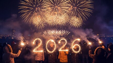 New Year 2026 Celebration with Sparklers Forming Numbers and Fireworks in Night Sky