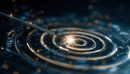 Stylus interacting with a glowing digital target on a dark background, creating sparks