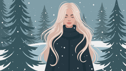 Minimalist winter vector illustration of a serene blonde woman in snowy forest, faceless fashion style, soft muted colors and calm mood, ideal for branding, editorial design, social media, cards.