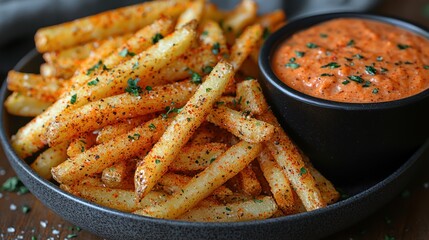 Appetizing close-up of seasoned potato fries with a vibrant orange dipping sauce in a bowl