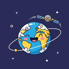 Naklejka premium Smiling Earth with Satellite in Orbit Surrounded by Stars and Clouds in Space Illustration