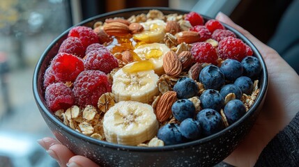 Close-up of hands holding a bowl of healthy granola with fruits and nuts, light drizzle