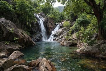 Hidden waterfall in lush tropical forest cascades into clear pool surrounded by large rocks and dense green trees, creating peaceful and refreshing natural scene