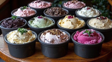Assortment of ice cream tubs, various flavors, decorated with flowers and herbs, sitting on wooden tray
