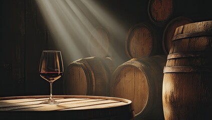 A glass of red wine on a wooden barrel in a dark cellar with light rays