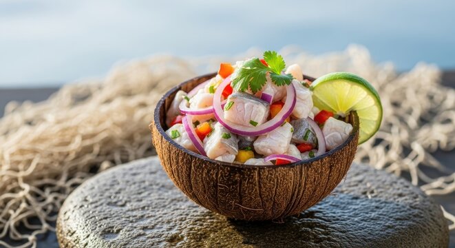 Fresh Costa Rican Ceviche de Corvina Served in Coconut Shell with Sea Bass, Lime, and Onions on Coastal Background