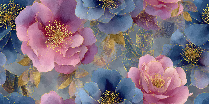 Watercolor floral pattern with pink and blue roses, golden leaves, and delicate details creating elegant and artistic design full of charm and beauty