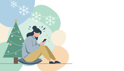 Woman uses smartphone next to Christmas tree holiday digital communication online shopping or winter connection concept