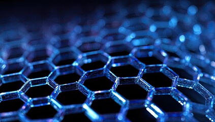 Close-up of a blue glowing hexagonal lattice structure with a blurred background
