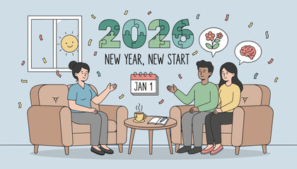 New Year 2026 consultation couple plans goals growth and mental health with counselor Fresh start concept