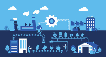 Obraz premium Industrial supply chain and manufacturing process illustration featuring factory workers automation and logistics